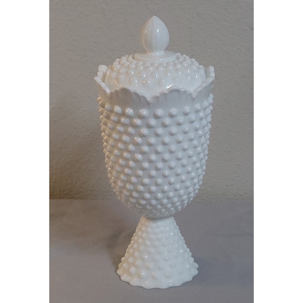 Vintage Fenton White Milk Glass Hobnail Apothecary Jar Covered Candy Dish Lid
